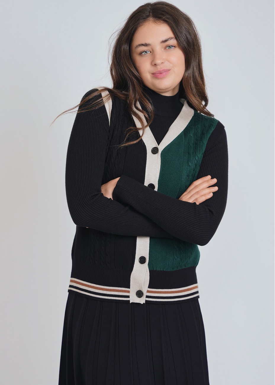 Textured Elegance: Black and Green Cable Knit Vest | Modest Women